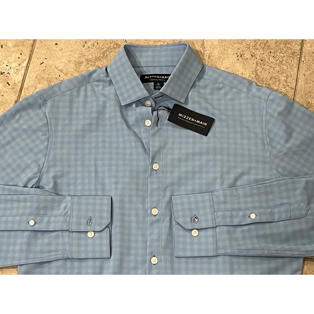 Mizzen + Main Mens Performance Small S Trim Fit Blue Gingham Dress Shirt NWT NEW